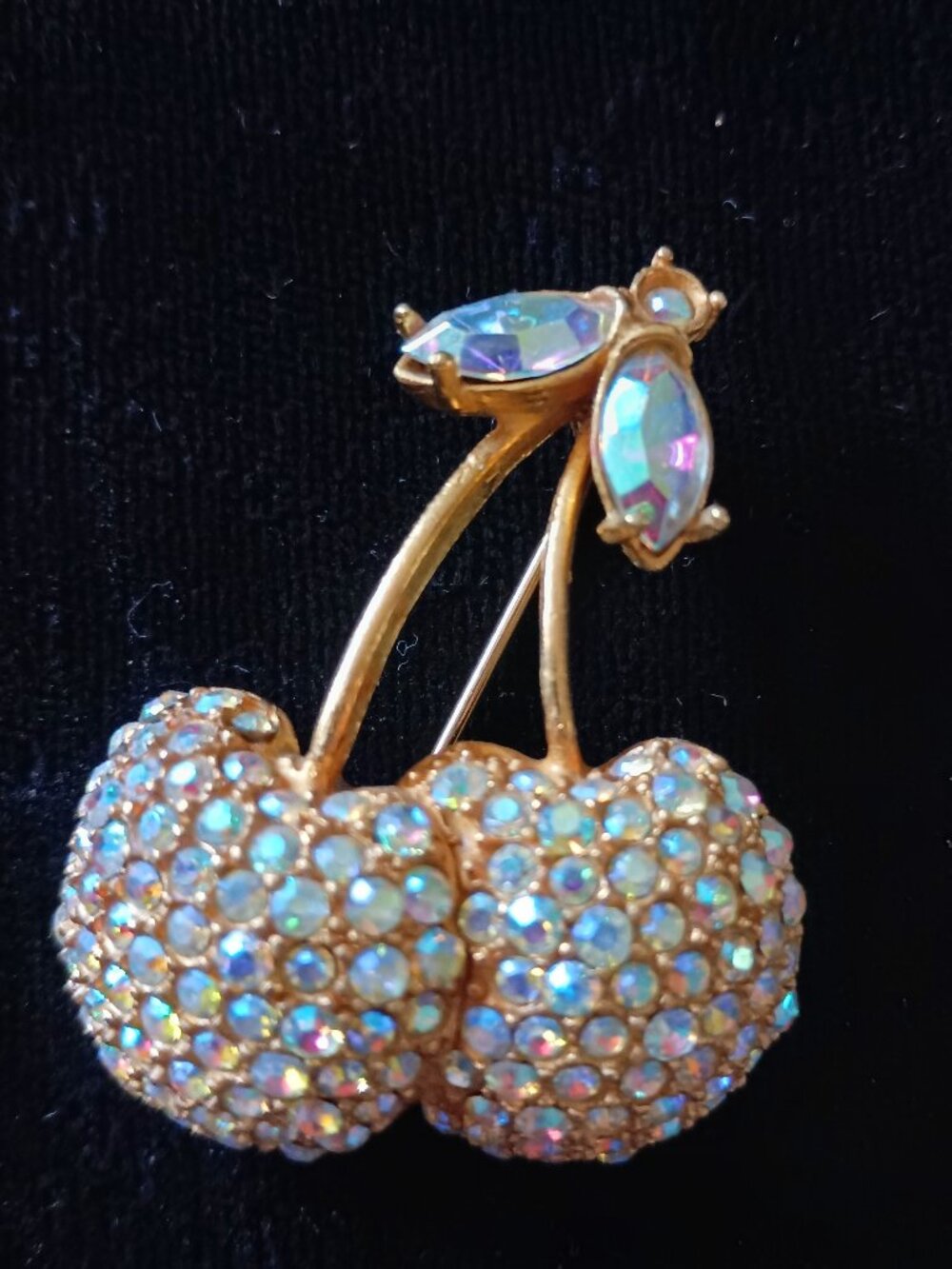 Vintage Brooch Jewelry Cherries Aurora Borealis Rhinestone